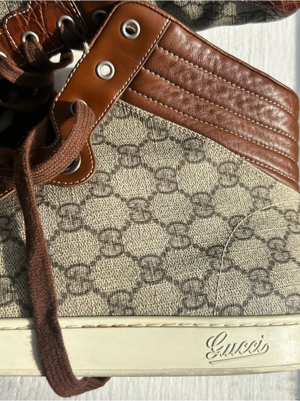 Men’s Gucci Imprime Crocodile Canvas GG High-Top Sneakers - Brown, Size 16 - Picture 6 of 15